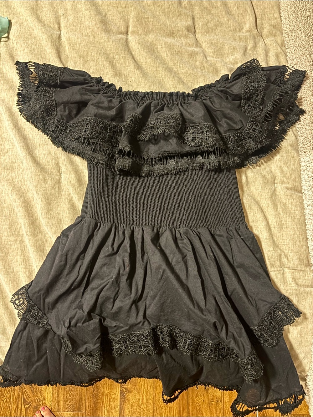 Off-Shoulder Black Ruffled Mini Dress - Picture 3 of 4